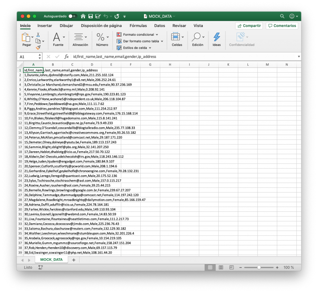 Archivo CSV que no se ha cargado correctamente en Excel