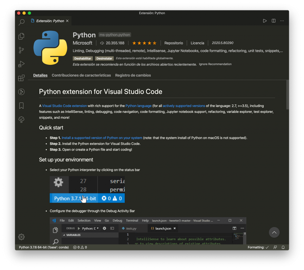 Instalación del complemento para trabajar con Python en Visual Studio Code