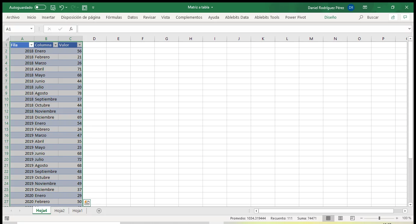Matriz en tabla con Excel