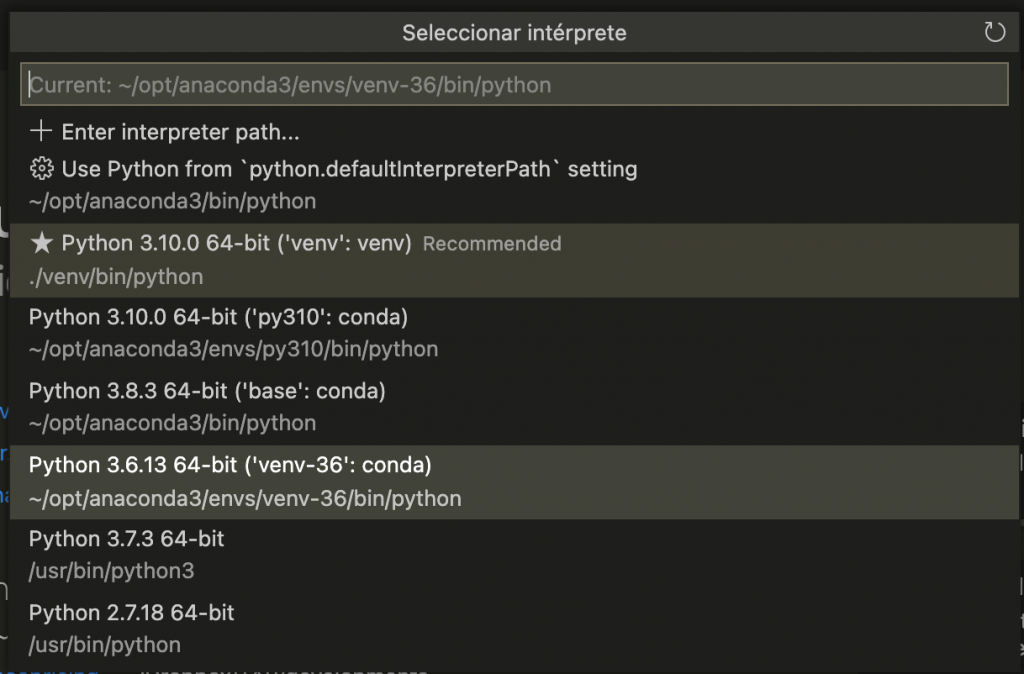Seleccionar el intérprete de Python en VS Code