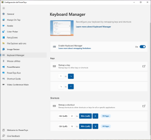 Opciones de configuración de teclado de PowerToys