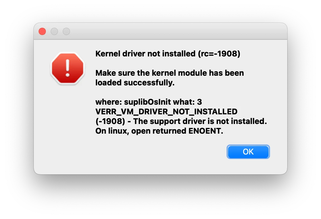 Error de VirtualBox: Kernel Driver Not Installed (rc=-1908)