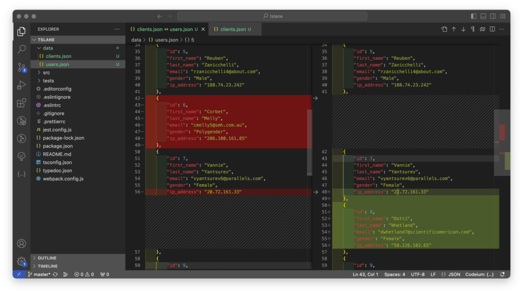 Captura de pantalla con la herramienta para comparar archivos en Visual Studio Code