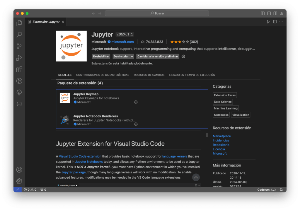 Captura de pantalla de la extensión Jupyter