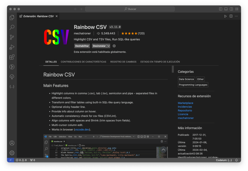 Captura de pantalla de la extensión Rainbow CSV