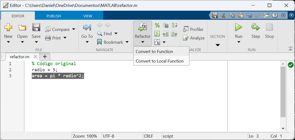 Editor de MATLAB con las funciones de refactorización