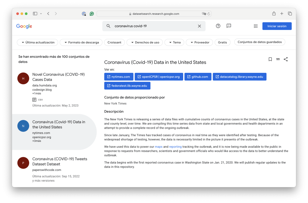Resultado de la búsqueda de datos sobre “coronavirus covid-19” en Google Dataset Search