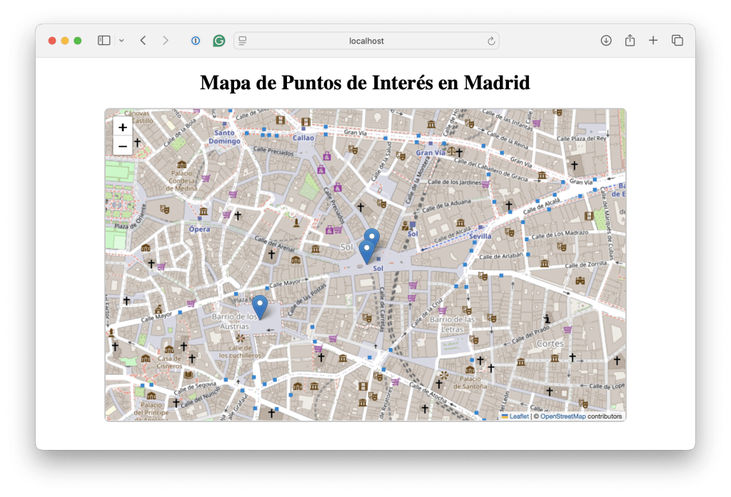 Aplicación web interactiva que muestra un mapa de Madrid con puntos de interés destacados, creado utilizando la biblioteca Folium.