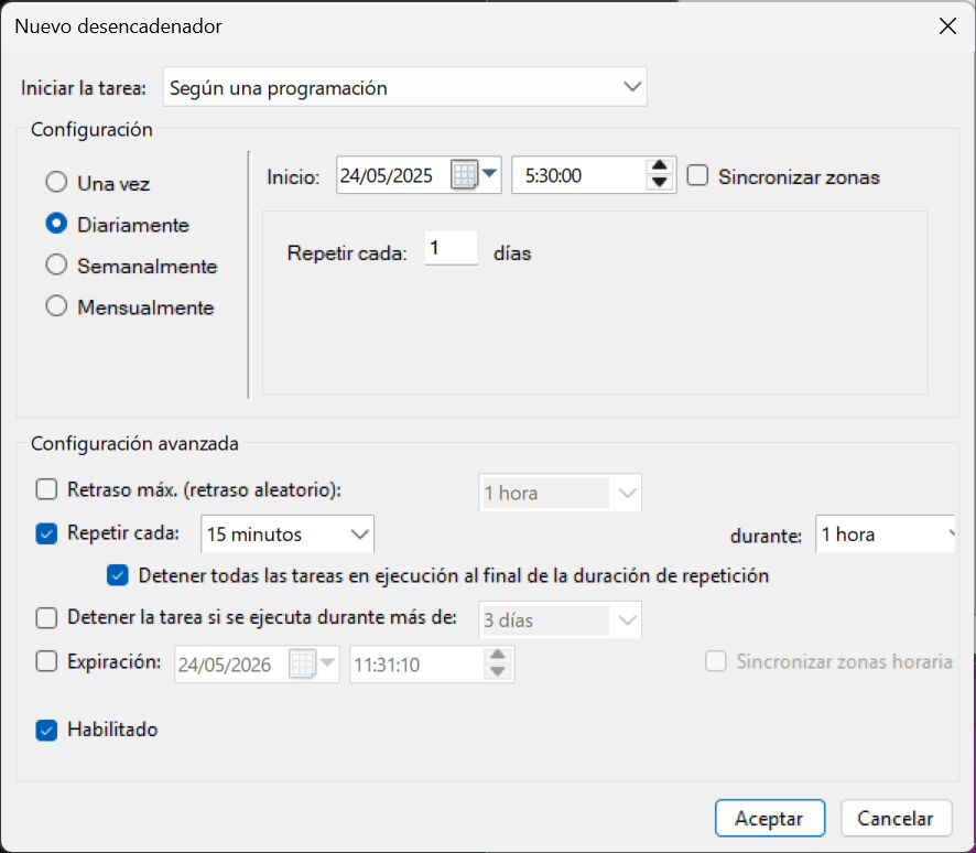 Captura de configuración de desencadenador en el Programador de tareas, estableciendo ejecución los sábados a las 5:30 AM.