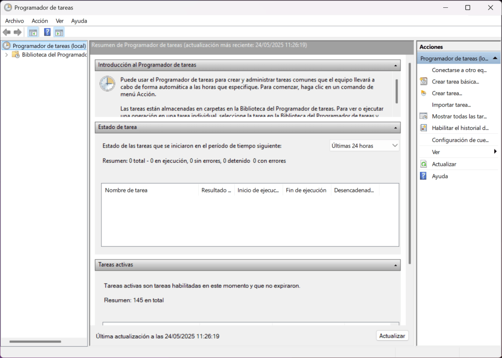 Captura de pantalla de la ventana principal del Programador de tareas de Windows