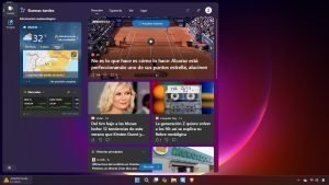 Panel de widgets de Windows 11 mostrando noticias destacadas y clima.