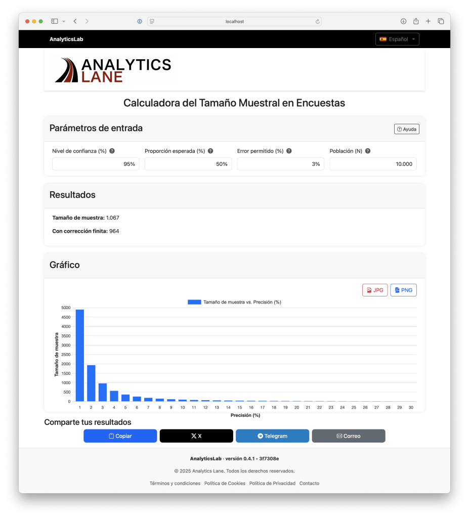 Captura de pantalla de la aplicación web para calcular el tamaño muestral, con opciones para ajustar el nivel de confianza, proporción esperada y corrección por población finita.