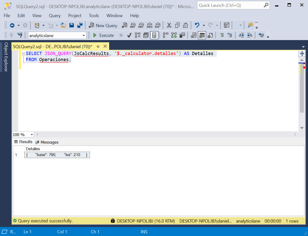 Captura de pantalla de la consulta de los valores de un JSON directamente en SQL Server con JSON_QUERY