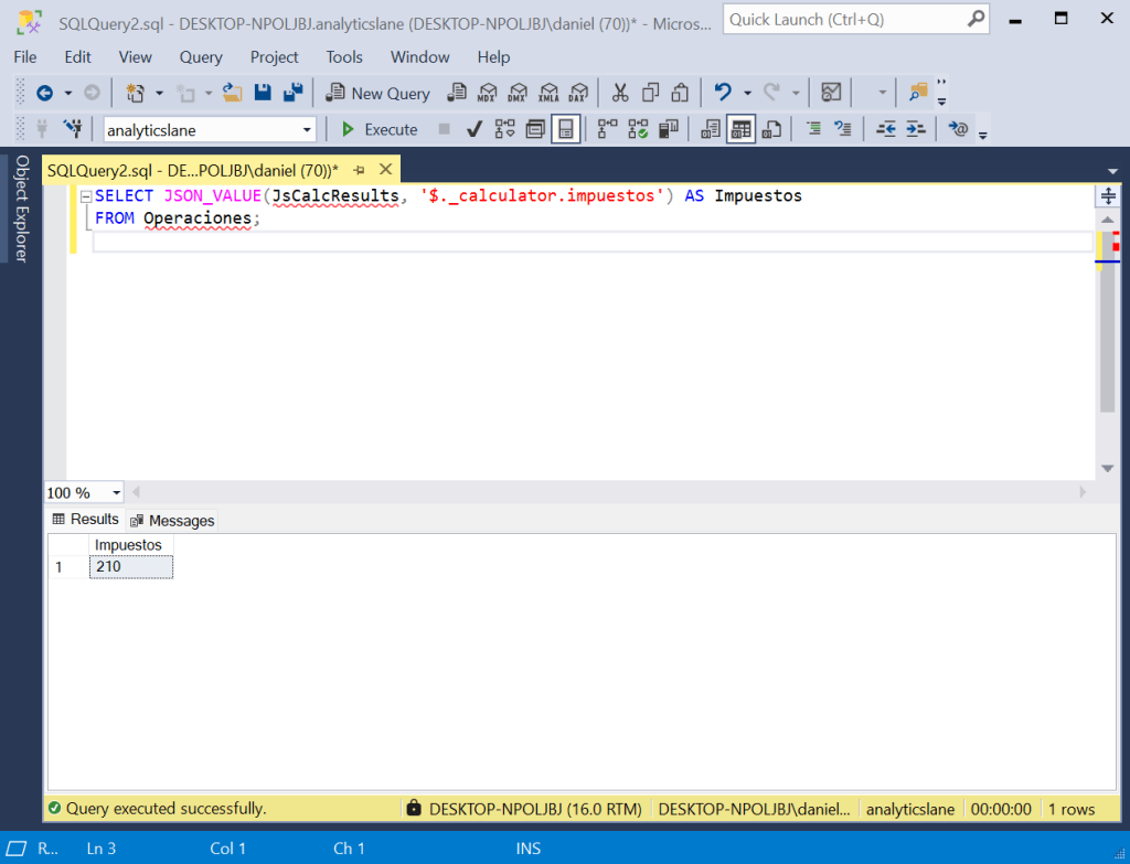 Captura de pantalla de la consulta de los valores de un JSON directamente en SQL Server con JSON_VALUE