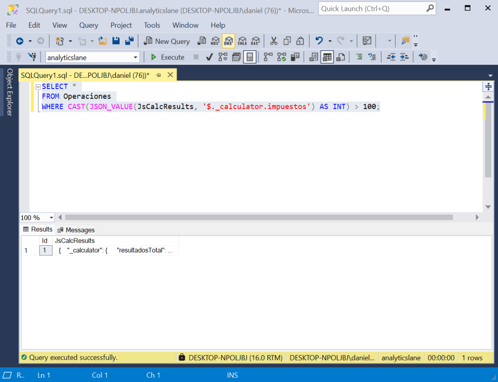 Captura de pantalla de una consulta realiza filtrando sobre los valores del JSON en SQL Server