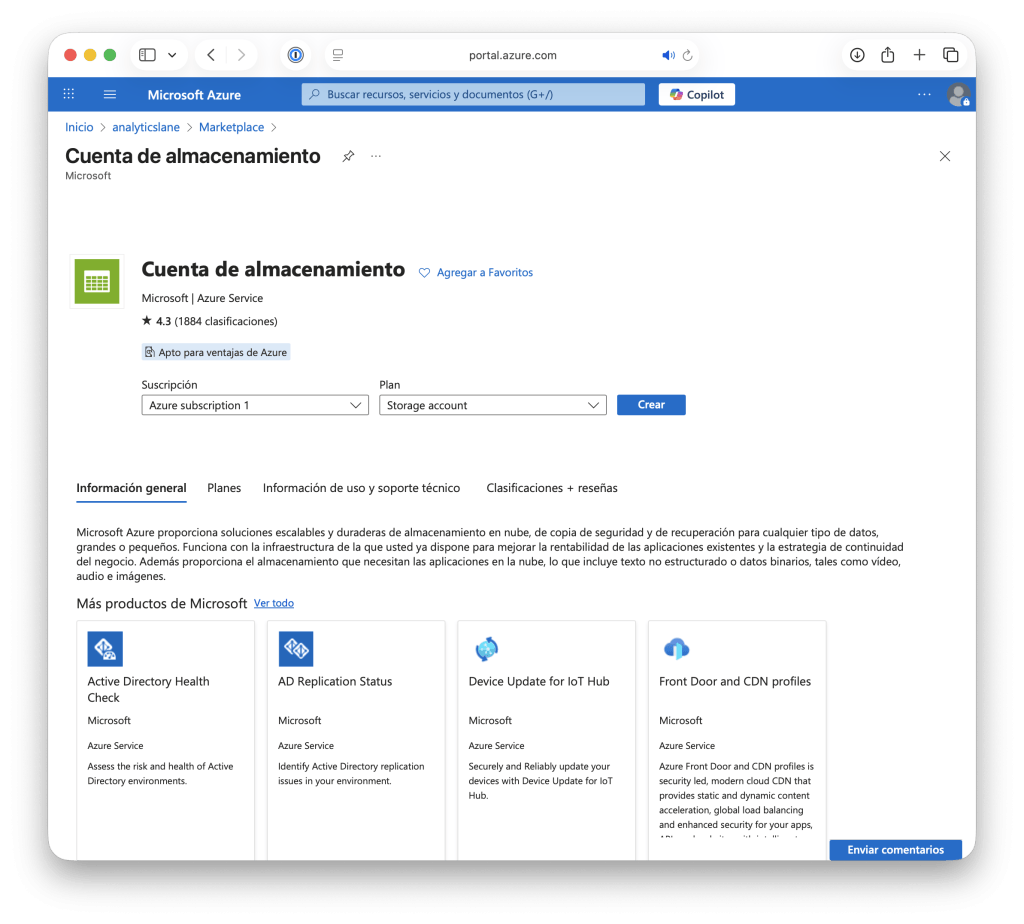 Captura del Marketplace de Azure con la Cuenta de Almacenamiento