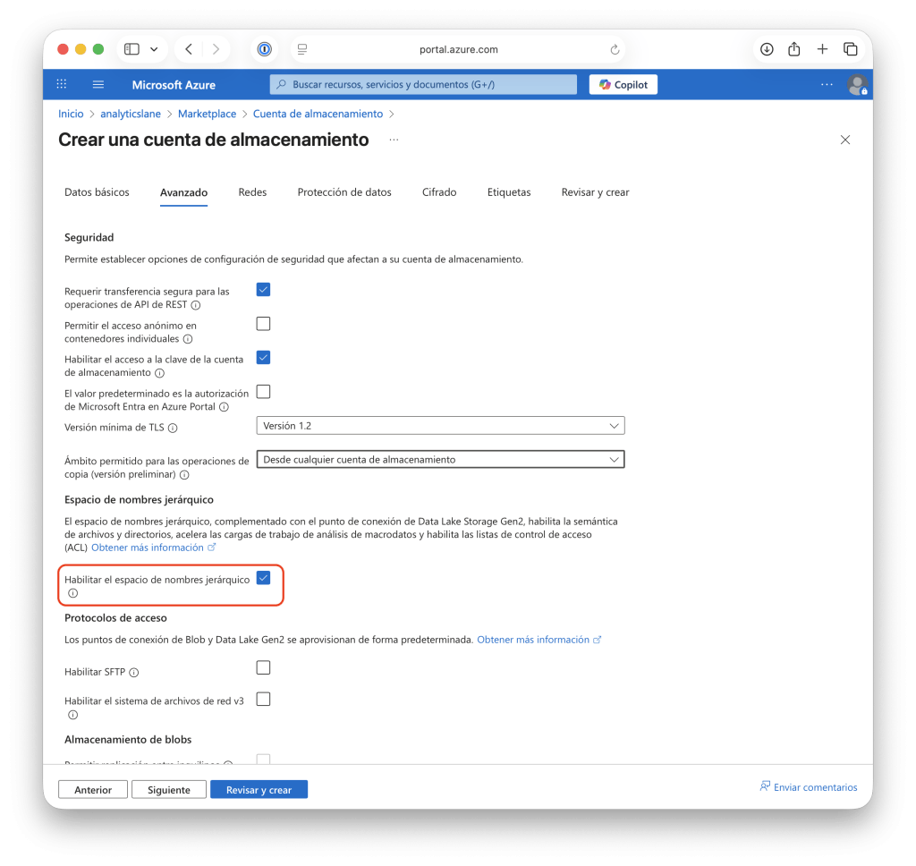 Sección Avanzado de la creación de una Cuenta de Almacenamiento en la que se activa el espacio de nombres jerárquicos