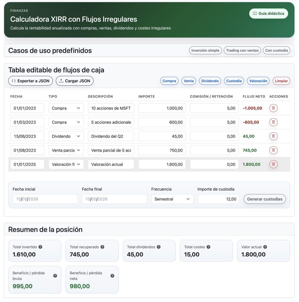 Caputra de pantalla de la Calculadora de rentabilidad con flujos irregulares