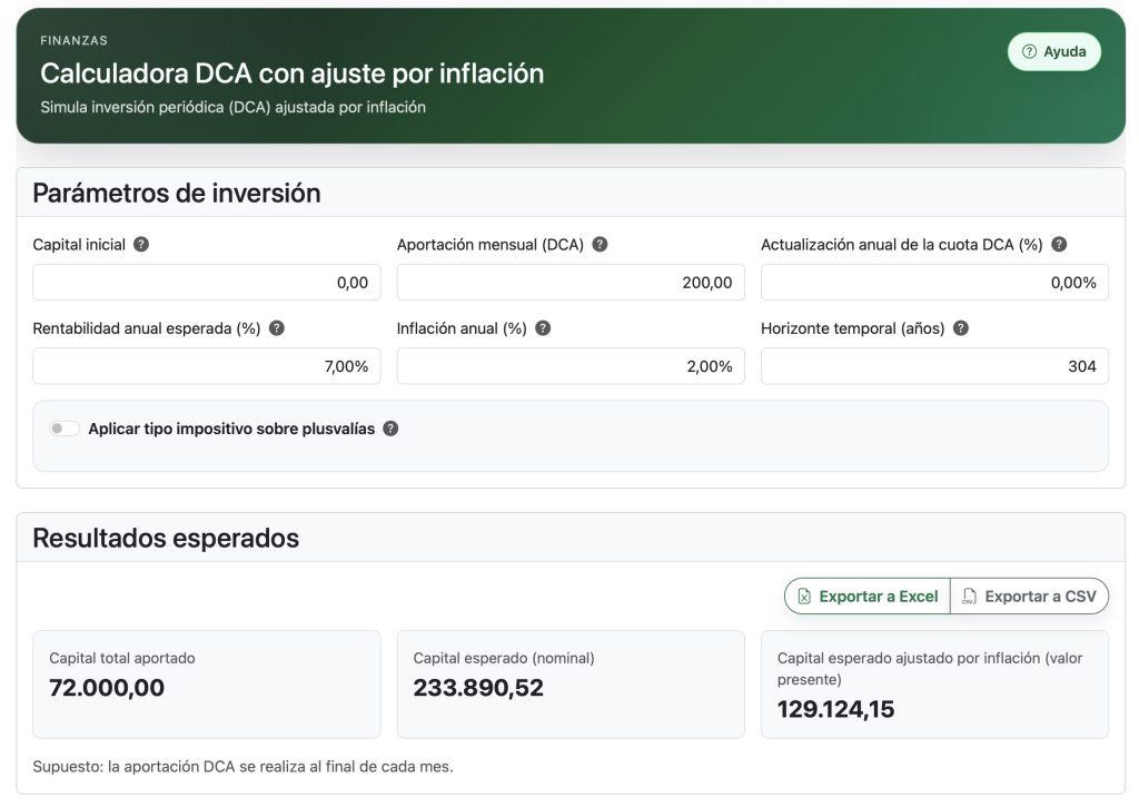 Captura de pantalla de la calculadora DCA con ajuste por inflación para el caso de Calos expuesto en la entrada.