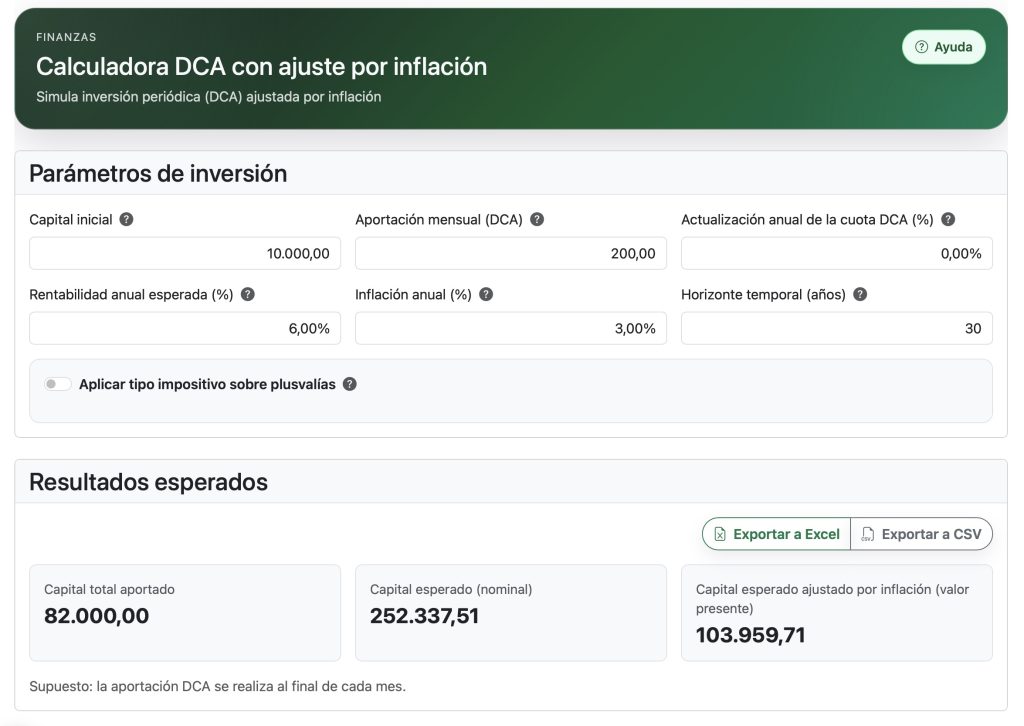 Caputra de pantalla de la Calculadora DCA con ajuste por inflación para el caso expuesto en la entrada.