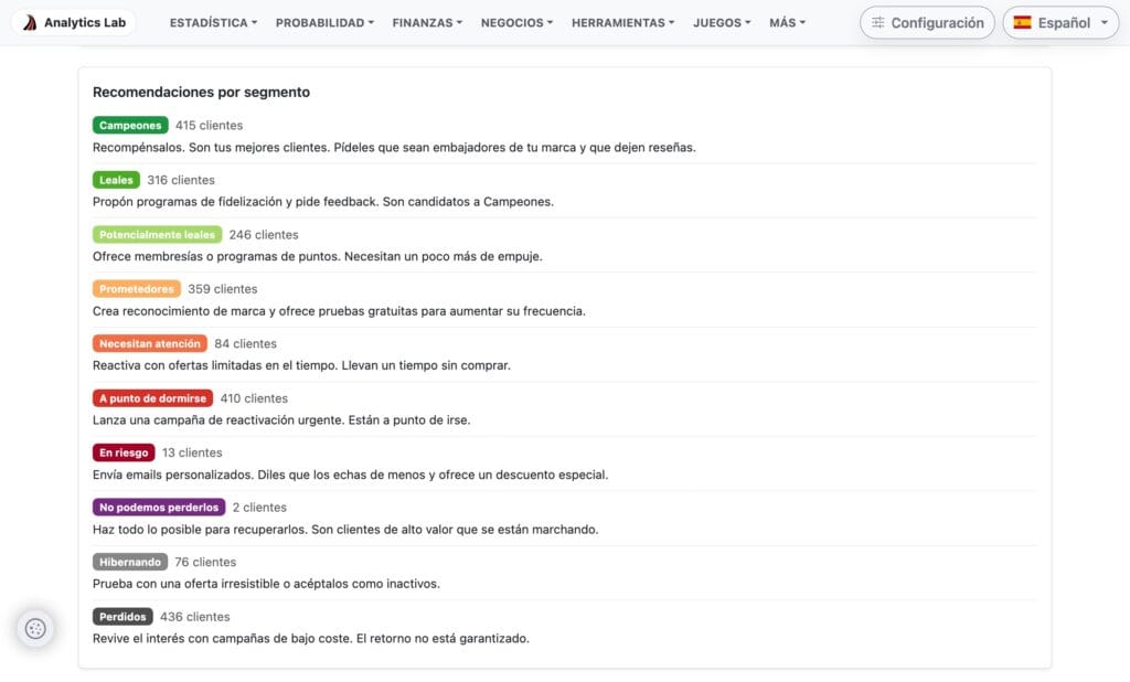 Captura de pantalla con las recomendaciones por segmento que realiza la aplicación de segmentación RFM