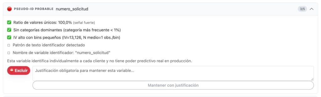 Caputra de pantalla del constructor de scorecards del laboratorio de Analytics Lane donde se puede ver los motivos por lo que se sospecha de que in campo contine un Pseudo-ID