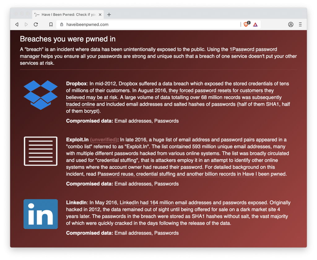 Resultados obtenidos para una dirección de correo hackeada en Have I been pwned?